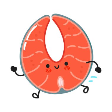 Koşan tatlı kırmızı balık somonu. Vektör el çizimi çizgi film kawaii illüstrasyon simgesi. Beyaz arka planda izole edilmiş. Kırmızı balık somon kavramını çalıştır