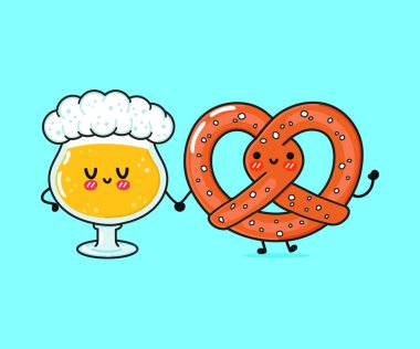 Şirin, neşeli bir bardak bira ve kraker. Vektör el çizimi çizgi film kawaii karakterleri, illüstrasyon simgesi. Komik bir bardak bira ve simit maskot konsepti.