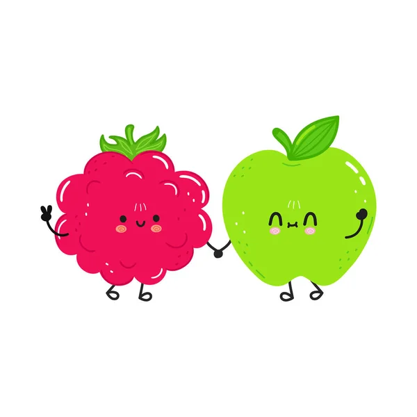 かわいい幸せな緑のリンゴとラズベリーのカード ベクトル手描きドアスタイル漫画イラストアイコンデザイン かわいい幸せな緑のリンゴとラズベリーの友人のコンセプト — ストックベクタ