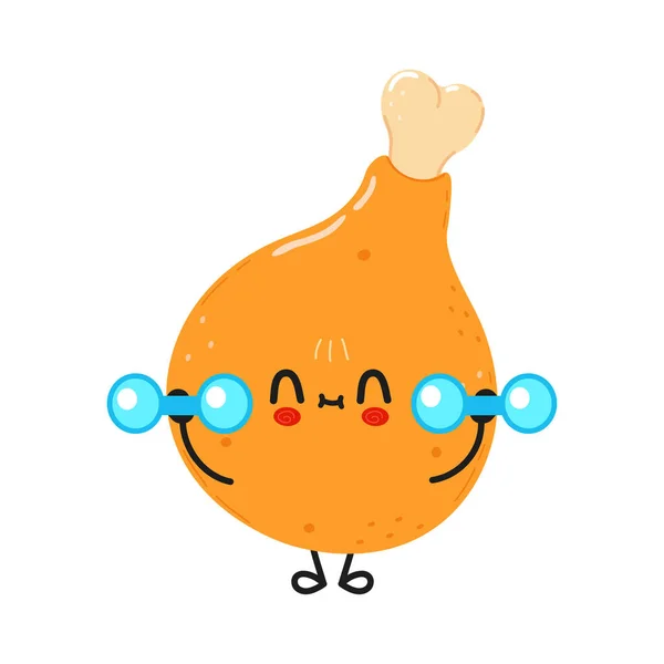 Niedlichen Lustigen Hühnerbein Charakter Mit Hanteln Vector Handgezeichnete Karikatur Kawaii — Stockvektor