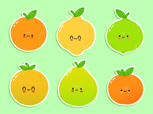Cute happy citrus icons set. Vector hand drawn trendy cartoon character illustration. Set of citrus for a postcard, concept of a set of labels — ストックベクタ