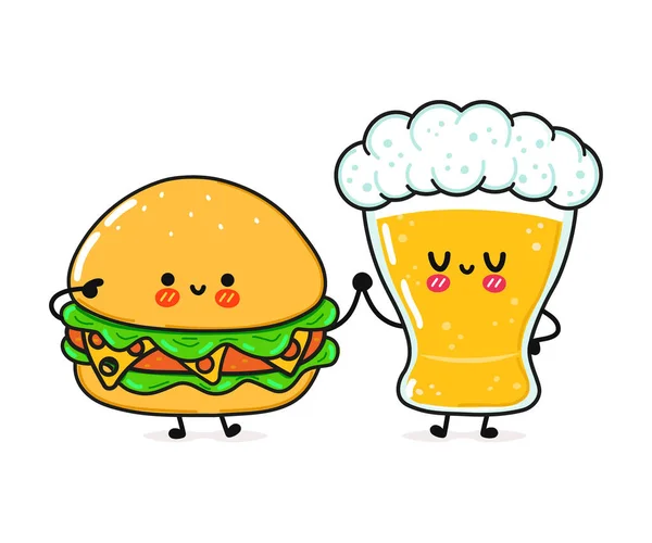 Sevimli, komik, mutlu hamburger ve bira. Vektör el çizimi çizgi film kawaii karakterleri, illüstrasyon simgesi. Komik çizgi film hamburgeri ve bira maskotu karakter kavramı — Stok Vektör