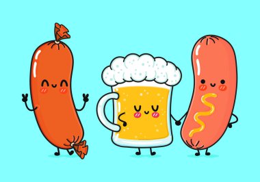 Cute, funny happy glass of beer, sausage and sausage with mustard. Vector hand drawn cartoon kawaii characters, illustration icon. Funny cartoon glass of beer, sausage and sausage with mustard mascot