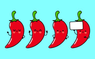 Funny cute happy chili pepper characters bundle set. Vector hand drawn doodle style cartoon character illustration icon design. Isolated on blue background Cute chili pepper mascot character
