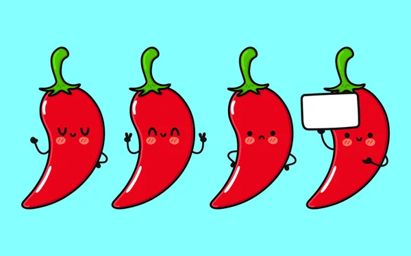 Funny cute happy chili pepper characters bundle set. Vector hand drawn doodle style cartoon character illustration icon design. Isolated on blue background Cute chili pepper mascot character — стоковый вектор