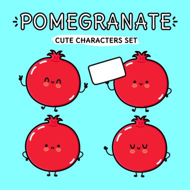 Funny cute happy pomegranate fruit characters bundle set. Vector hand drawn doodle style cartoon character illustration icon design. Isolated on blue background. Cute pomegranate mascot character