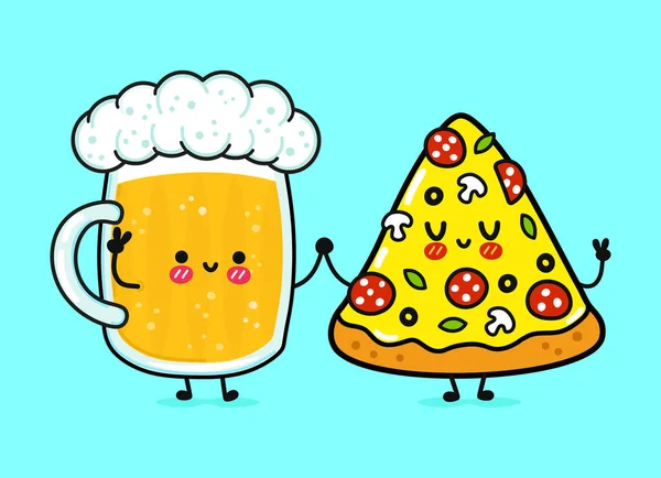 Roztomilá, veselá sklenice piva a pizzy. Vektorové ručně kreslené kreslené postavičky kawaii, ilustrační ikona. Vtipné kreslené sklenice piva a pizza maskot charakter konceptu — Stockový vektor