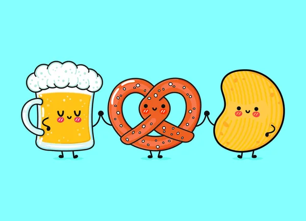 Leuke, grappige vrolijke glas bier, pretzel en chips. Vector hand getekend cartoon kawaii tekens, illustratie pictogram. Grappig vrolijk cartoon glas bier, pretzel en chips mascotte vrienden — Stockvector