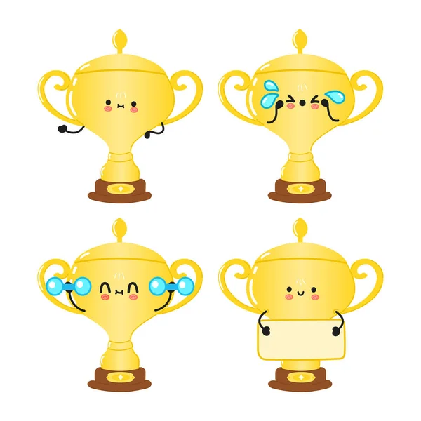 Смешной милый счастливый золотой трофей Кубок символов комплект. Векторный ручной рисунок в стиле каракулей, рисунок иконок персонажей. Симпатичная коллекция талисманов золотых кубков — стоковый вектор