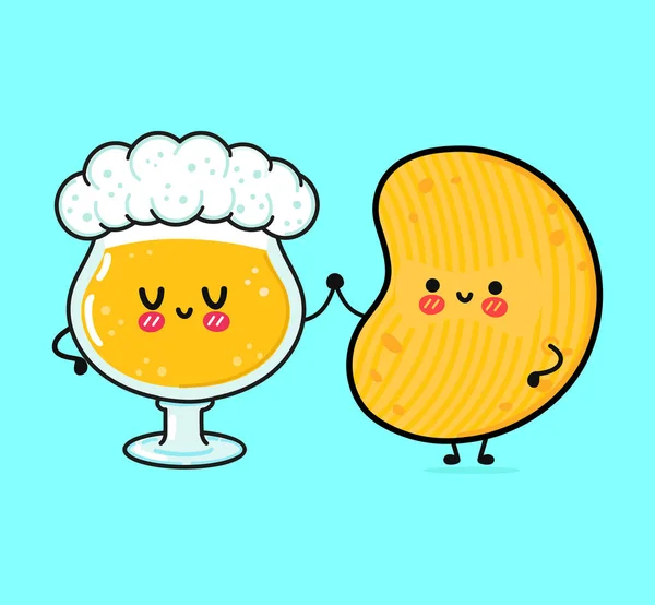 귀엽고 재밌는 맥주와 감자튀김 손으로 Kawaii 일러스트 아이콘 재미있는 감자칩 — 스톡 벡터