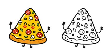 Komik, sevimli, mutlu pizza karakterleri seti. Vector kawaii çizgi film stili çizimi. Mutlu pizza maskotu karakter koleksiyonu, boyama kitabı için çizgi film çizimi
