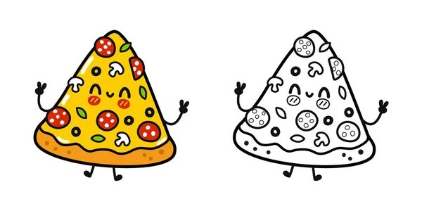 Vtipné Roztomilé Šťastné Pizza Znaky Svazek Set Vektor Kawaii Linka — Stockový vektor