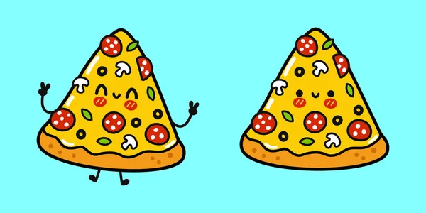 Смешной Милый Счастливый Набор Персонажей Пиццы Векторная Линия Карикатурной Иллюстрации — стоковый вектор