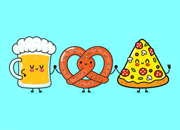 可爱的 有趣的快乐的啤酒 披萨和椒盐卷饼 矢量手绘卡通人物 插图图标 快乐卡通片啤酒 披萨和椒盐饼干吉祥物朋友的概念 — 图库矢量图片