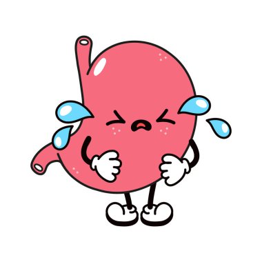 Şirin, ağlayan, üzgün bir mide karakteri. Vektör el geleneksel çizgi film klasiği, retro, kawaii karakter çizimi ikonu çizdi. Beyaz arka planda izole edilmiş. Ağlayan mide karakteri konsepti