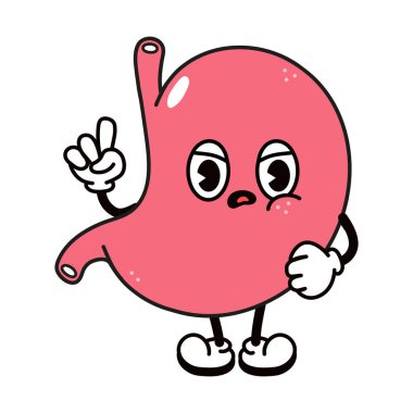 Sevimli, komik, sinirli, üzgün mide karakteri. Vektör el geleneksel çizgi film klasiği, retro, kawaii karakter çizimi ikonu çizdi. Beyaz arka planda izole edilmiş. Öfkeli mide karakteri kavramı