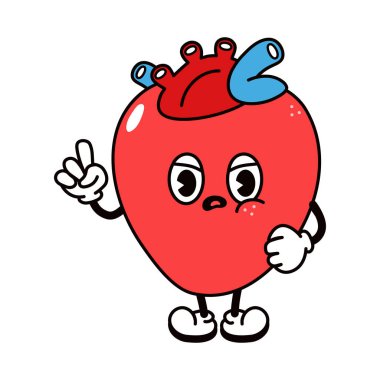 Sevimli, komik, kızgın, üzgün kalp karakteri. Vektör el geleneksel çizgi film klasiği, retro, kawaii karakter çizimi ikonu çizdi. Beyaz arka planda izole edilmiş. Kızgın kalp karakteri kavramı