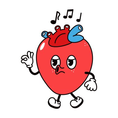 Şarkı söyleyen sevimli komik kalp yürüyüşü karakteri. Vektör el geleneksel çizgi film klasiği, retro, kawaii karakter çizimi ikonu çizdi. Beyaz arka planda izole edilmiş. Mutlu kalp yürüyüşü ve şarkı söyleme konsepti