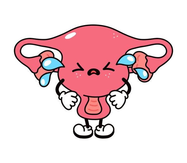 Cute funny crying sad uterus character. Vector hand drawn traditional cartoon vintage, retro, kawaii character illustration icon. Isolated on white background. Cry uterus character concept