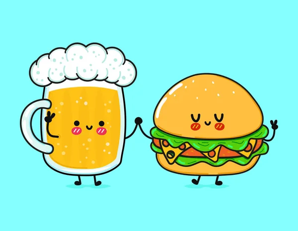 Cute Funny Happy Hamburger Beer Vector Hand Drawn Cartoon Kawaii — Stock Vector