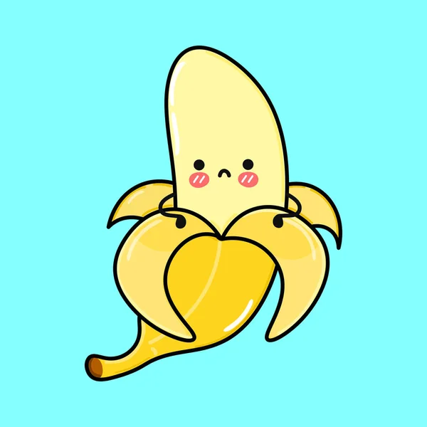 Caráter de banana triste bonito. Vector mão desenhada desenho animado ícone de ilustração personagem kawaii. Isolado em fundo azul. Conceito de caráter de banana —  Vetores de Stock