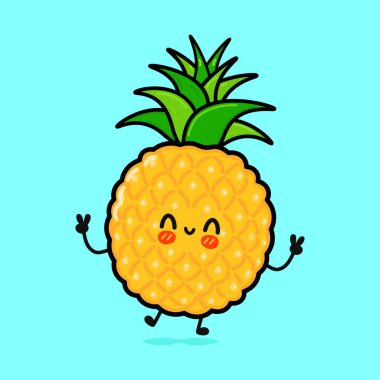 Sevimli komik ananas karakteri. Vektör el çizimi çizgi film kawaii karakter çizimi simgesi. Mavi arka planda izole edilmiş. Mutlu ananas karakteri konsepti