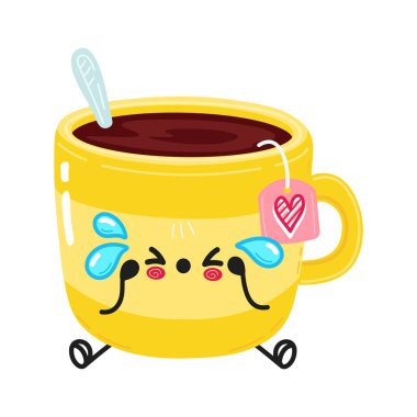 Şirin, üzgün, sarı çay karakteri. Vektör el çizimi çizgi film kawaii karakter çizimi simgesi. Beyaz arka planda izole edilmiş. Üzücü sarı fincan çay karakteri konsepti