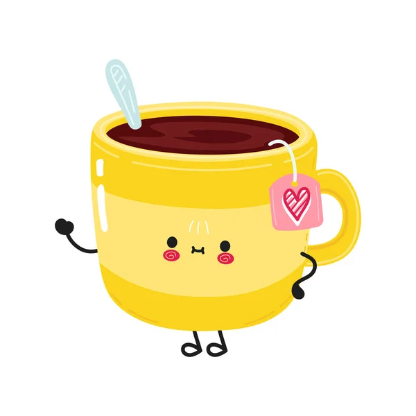 Симпатичная Смешная Желтая Чашка Чая Размахивающая Рукой Персонажа Векторный Рисунок — стоковый вектор