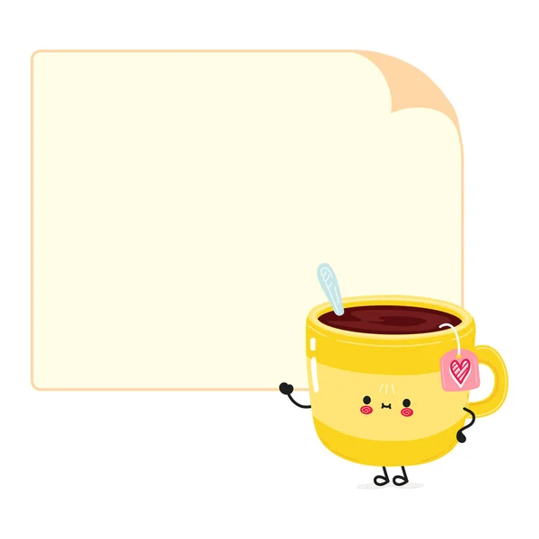 Nette Lustige Gelbe Tasse Tee Charakter Mit Sprechblase Vector Handgezeichnete — Stockvektor
