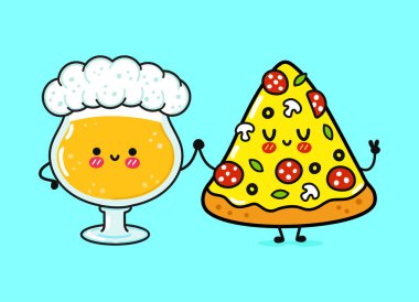 Sevimli, neşeli bir bardak bira ve pizza. Vektör el çizimi çizgi film kawaii karakterleri, illüstrasyon simgesi. Komik, mutlu bir bardak bira ve pizza maskotu karakteri konsepti.