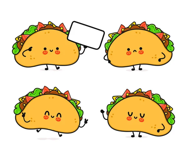 Funny Cute Happy Taco Characters Bundle Set Vector Kawaii Line — Stock Vector
