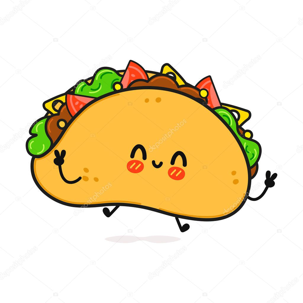 Cute funny taco character. Vector hand drawn cartoon kawaii character illustration icon. Isolated on white background. Happy taco character concept