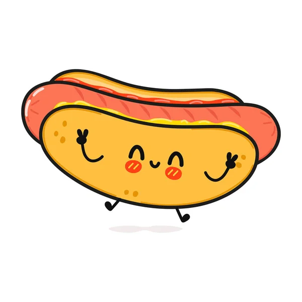 Cute Funny Hot Dog Character Vector Hand Drawn Cartoon Kawaii — Stock Vector