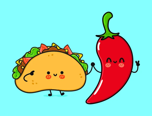 Leuke Grappige Vrolijke Taco Chili Peper Vector Hand Getekend Cartoon — Stockvector