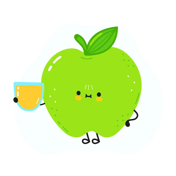 ジュースのガラスとかわいい緑のリンゴ ベクトル手描きドアスタイル漫画キャラクターイラストアイコンデザイン かわいい幸せな緑のリンゴとリンゴジュース — ストックベクタ
