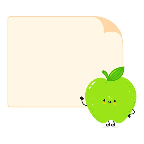 スピーチバブルとかわいい面白い緑のリンゴの文字 ベクトル手描き漫画カワイイキャラクターイラストアイコン 白い背景に隔離されている 幸せな緑のリンゴのキャラクターコンセプト — ストックベクタ
