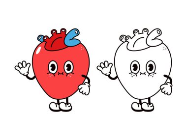 El sallayan sevimli, komik bir kalp. Vektör el geleneksel çizgi film klasiği, retro, kawaii karakter çizimi ikonu çizdi. Boyama kitabı için Mutlu Kalp Çizgi Filmi Çizimi