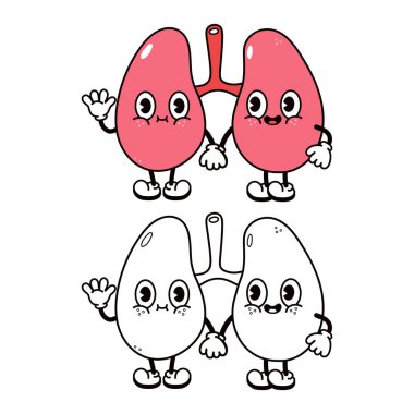 El sallayan sevimli akciğerler. Vektör el geleneksel çizgi film klasiği, retro, kawaii karakter çizimi ikonu çizdi. Beyaz arka planda izole edilmiş. Mutlu akciğerler karakter konsepti