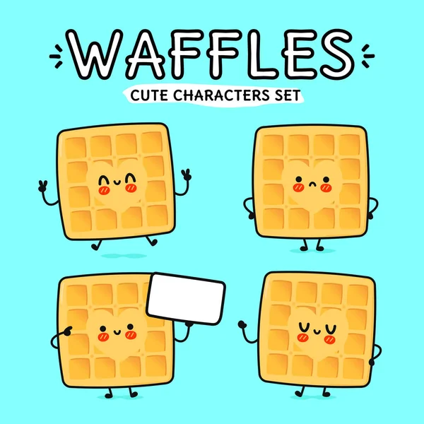 Divertido Lindo Feliz Waffles Personajes Paquete Conjunto Vector Kawaii Línea — Vector de stock