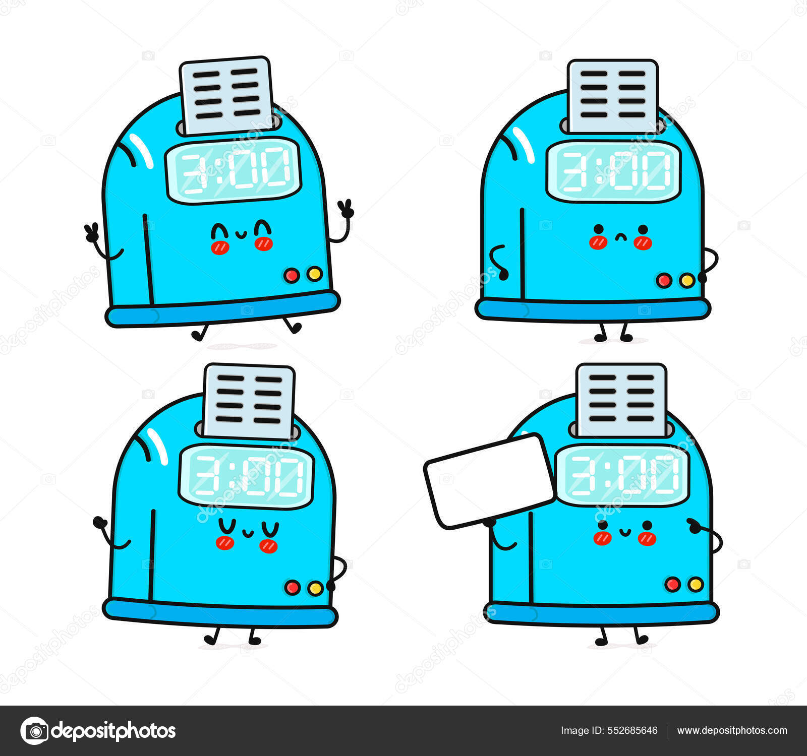 Funny cute happy punch clock characters bundle set. Vector hand drawn
