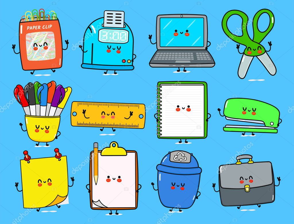 Funny work items characters bundle set. Vector hand drawn doodle. Ruler, Trash can, Stapler, Punch clock, Colored pens, Scissors, Laptop, Posted notes, Paper clip, Note pad, Work bag, Clip board
