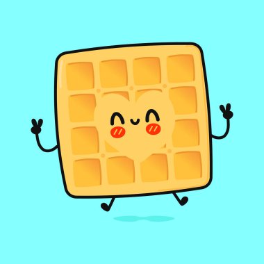 Sevimli komik waffle karakteri. Vektör el çizimi çizgi film kawaii karakter çizimi simgesi. Mavi arka planda izole edilmiş. Waffles karakter kavramı
