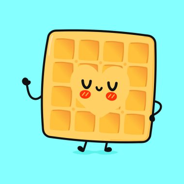 El sallayan sevimli, komik waffle 'lar. Vektör el çizimi çizgi film kawaii karakter çizimi simgesi. Mavi arka planda izole edilmiş. Waffles karakter kavramı