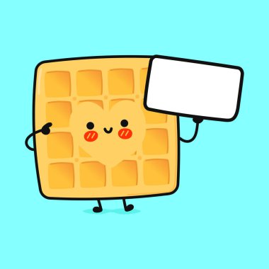 Posterli şirin waffle 'lar. Vektör el çizimi çizgi film kawaii karakter çizimi simgesi. Beyaz arka planda izole edilmiş. Waffle konsepti düşünür