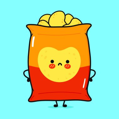 Sevimli üzgün patates kızartması karakteri. Vektör el çizimi çizgi film kawaii karakter çizimi simgesi. Mavi arka planda izole edilmiş. Chips karakter konsepti
