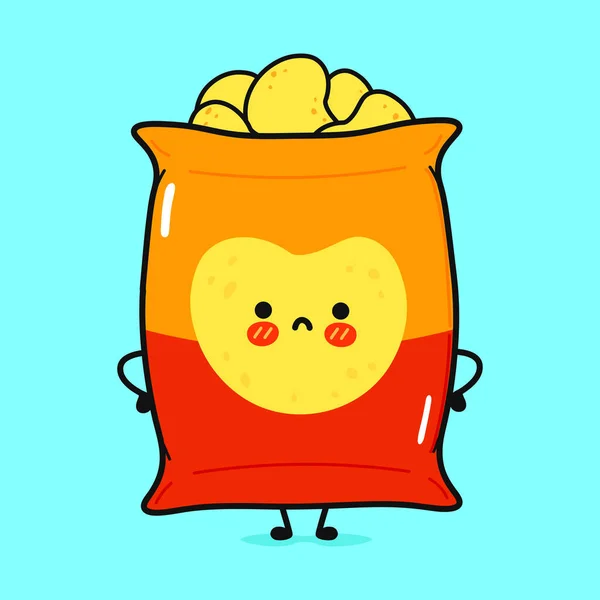 Lindo personaje triste chips. Vector dibujado a mano caricatura kawaii carácter icono de la ilustración. Aislado sobre fondo azul. Chips concepto de carácter — Archivo Imágenes Vectoriales