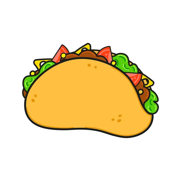 Χαριτωμένος αστείος χαρακτήρας Taco. Εικονίδιο εικονογράφησης χαρακτήρα Vector hand drawed kawaii. Απομονωμένο σε λευκό φόντο. Έννοια χαρακτήρα Taco — Διανυσματικό Αρχείο