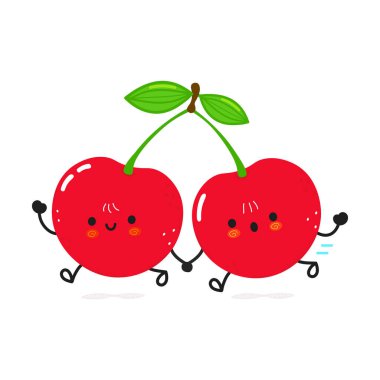 Şirin koşu kirazı. Vektör el çizimi çizgi film kawaii karakter çizimi simgesi. Beyaz arka planda izole edilmiş. Mutlu kiraz kavramını çalıştır