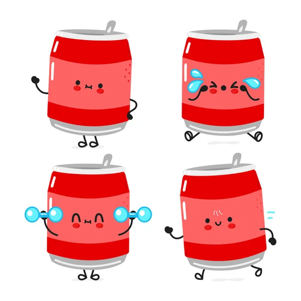 Lustige Süße Glückliche Dose Soda Charaktere Bündel Set Vector Handgezeichnet — Stockvektor
