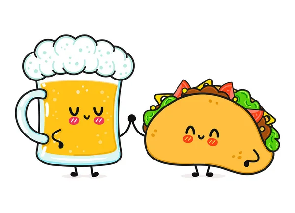 Aranyos, vicces, boldog pohár sör és taco. Vektor kézzel rajzolt rajzfilm kawaii karakterek, illusztráció ikon. Vicces rajzfilm üveg sör és taco kabala barátok koncepció — Stock Vector